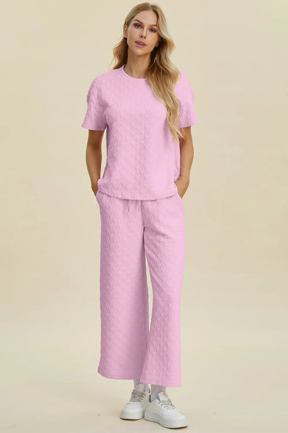 Double Take Full Size Texture Round Neck Short Sleeve Top and Pants Set Easy Apparels