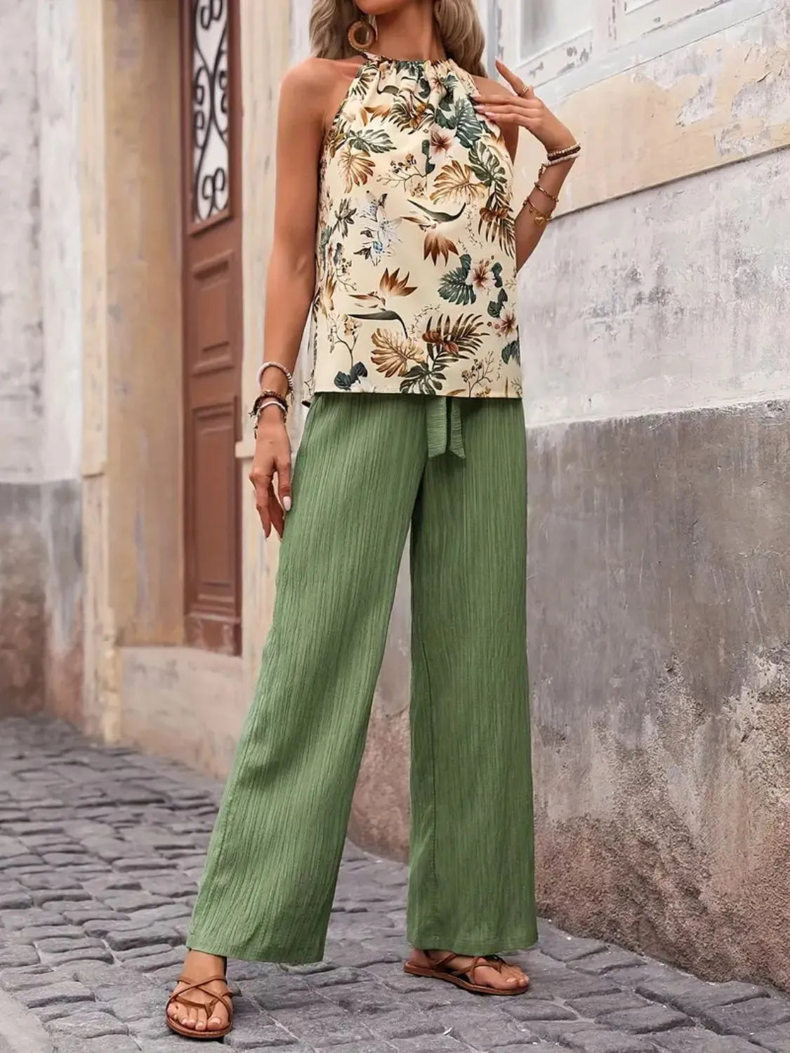 Printed Tank Top and Wide Leg Pants Set Easy Apparels