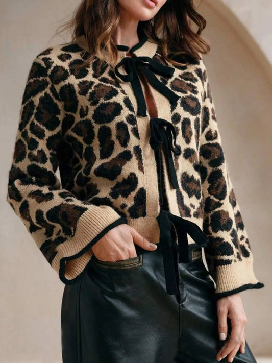 Leopard Print Bow-Tie Front Cropped Cardigan Leopard Easy Apparels