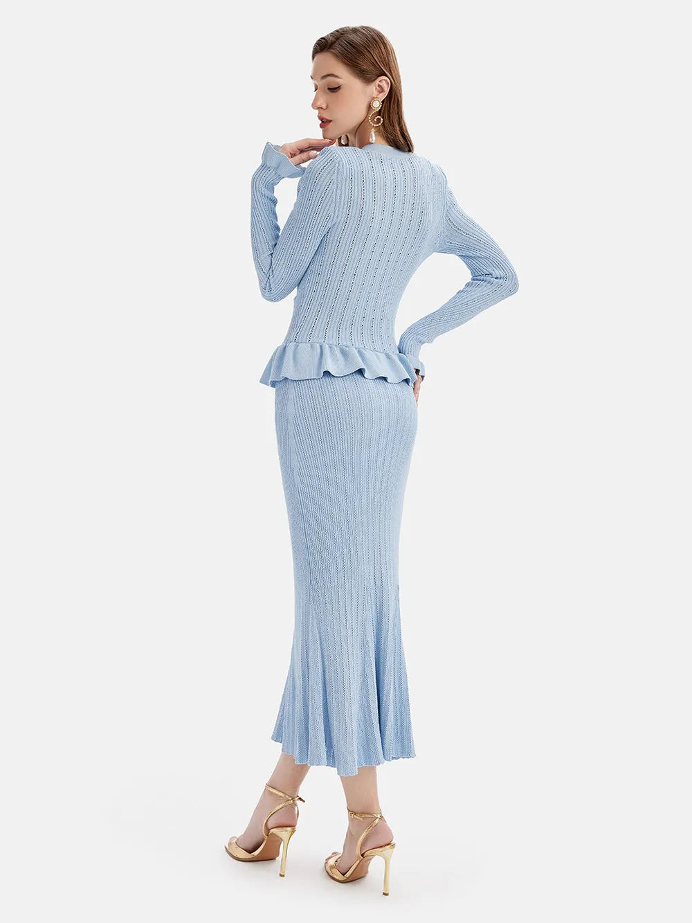 Ruffled V-Neck Top and Midi Skirt Sweater Set Easy Apparels