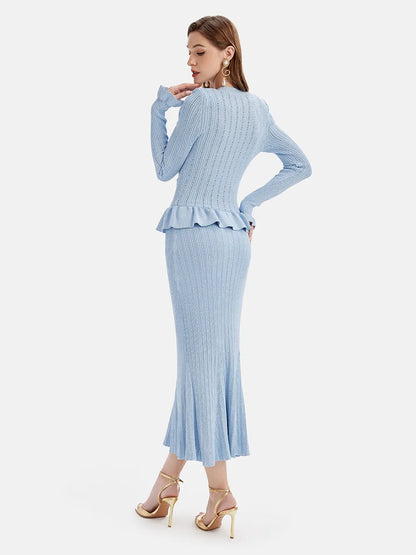 Ruffled V-Neck Top and Midi Skirt Sweater Set Easy Apparels