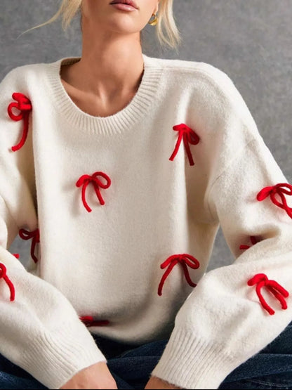 Trendsi Bow Contrast Round Neck Long Sleeve Sweater
