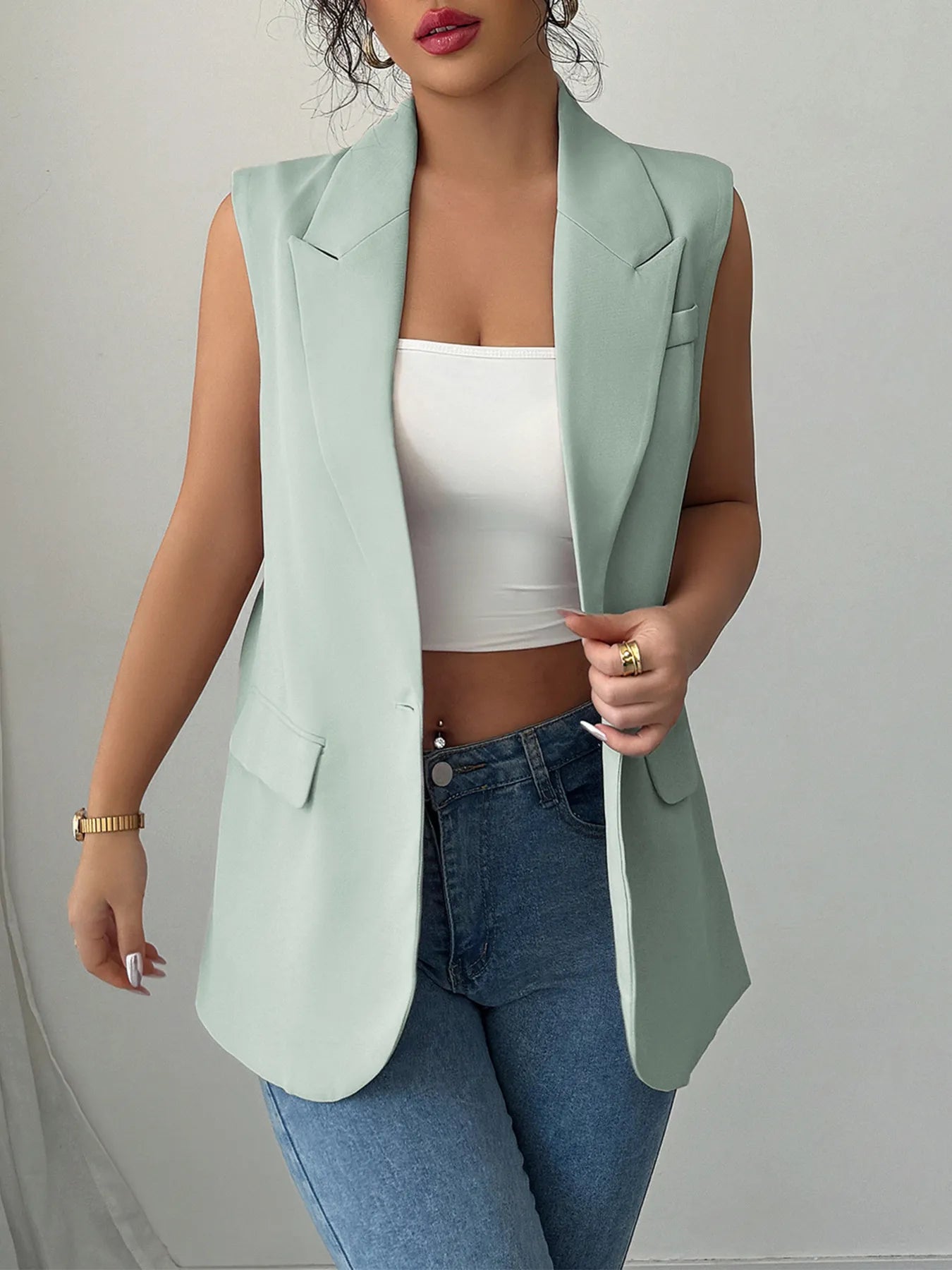 One Button V-Neck Blazer Vest Coat Green Easy Apparels
