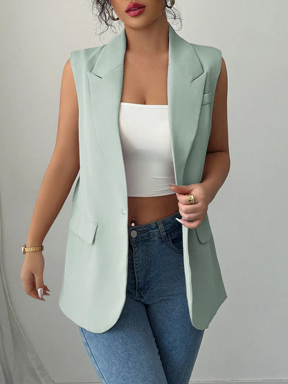 One Button V-Neck Blazer Vest Coat Green Easy Apparels