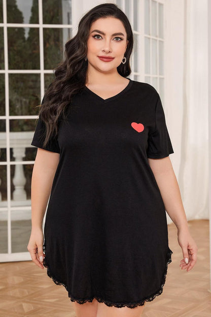 Plus Size Lace Trim V-Neck Short Sleeve Night Dress Easy Apparels