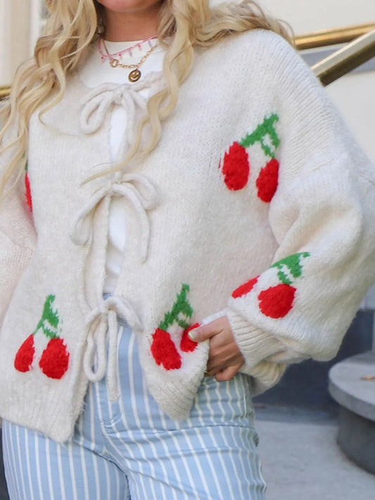 Tied Cherry Round Neck Long Sleeve Cardigan White Easy Apparels