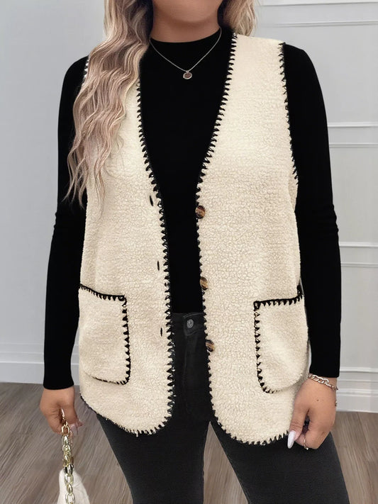 Plus Size Contrast Trim Button Up Vest Coat Beige Easy Apparels