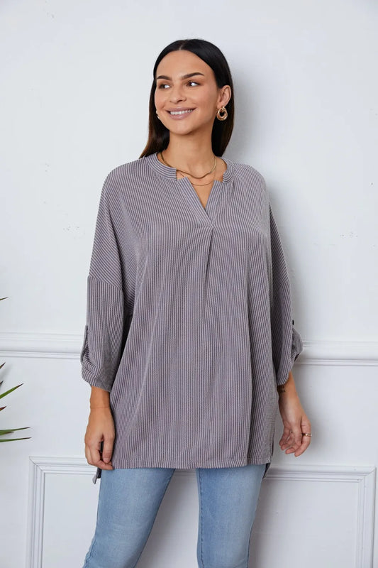 Trendsi Notched Roll-Tab Sleeve Blouse Stripe