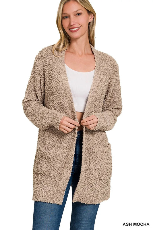 Zenana Long Sleeve Popcorn Sweater Cardigan with Pockets ASH MOCHA Easy Apparels