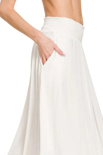 Zenana Woven Crinkle Smocked Waist Maxi Skirt W Pockets Easy Apparels