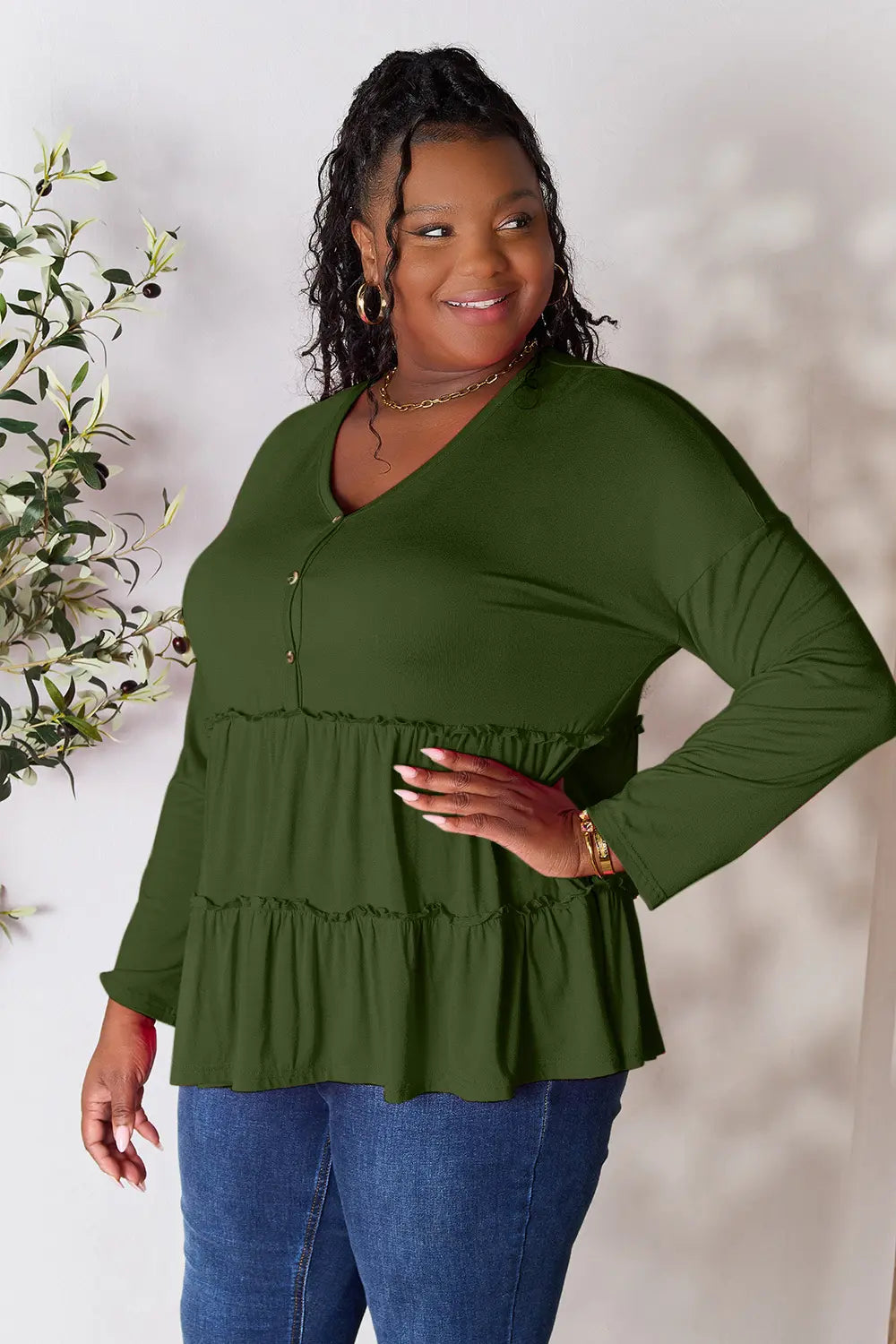 Trendsi Double Take Half Button Long Sleeve Ruffle Hem Blouse
