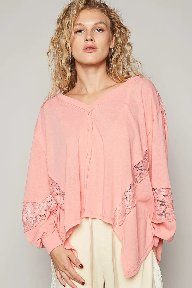 Trendsi POL V-Neck Long Sleeve T-Shirt with Lace Detail