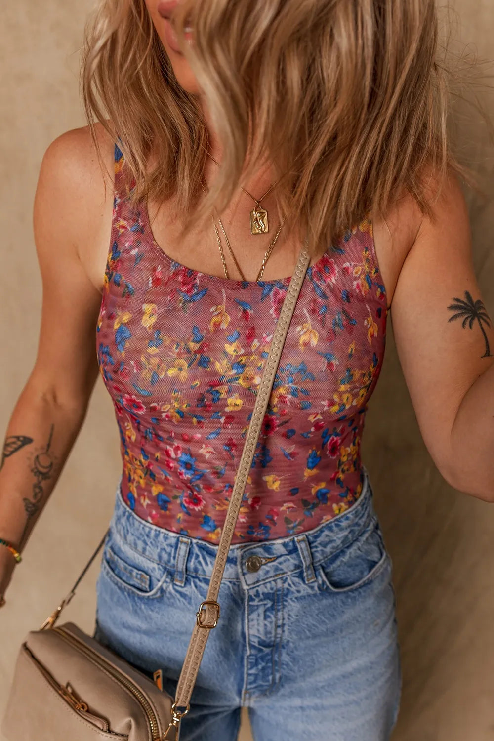 Trendsi Floral Mesh Scoop Neck Wide Strap Bodysuit