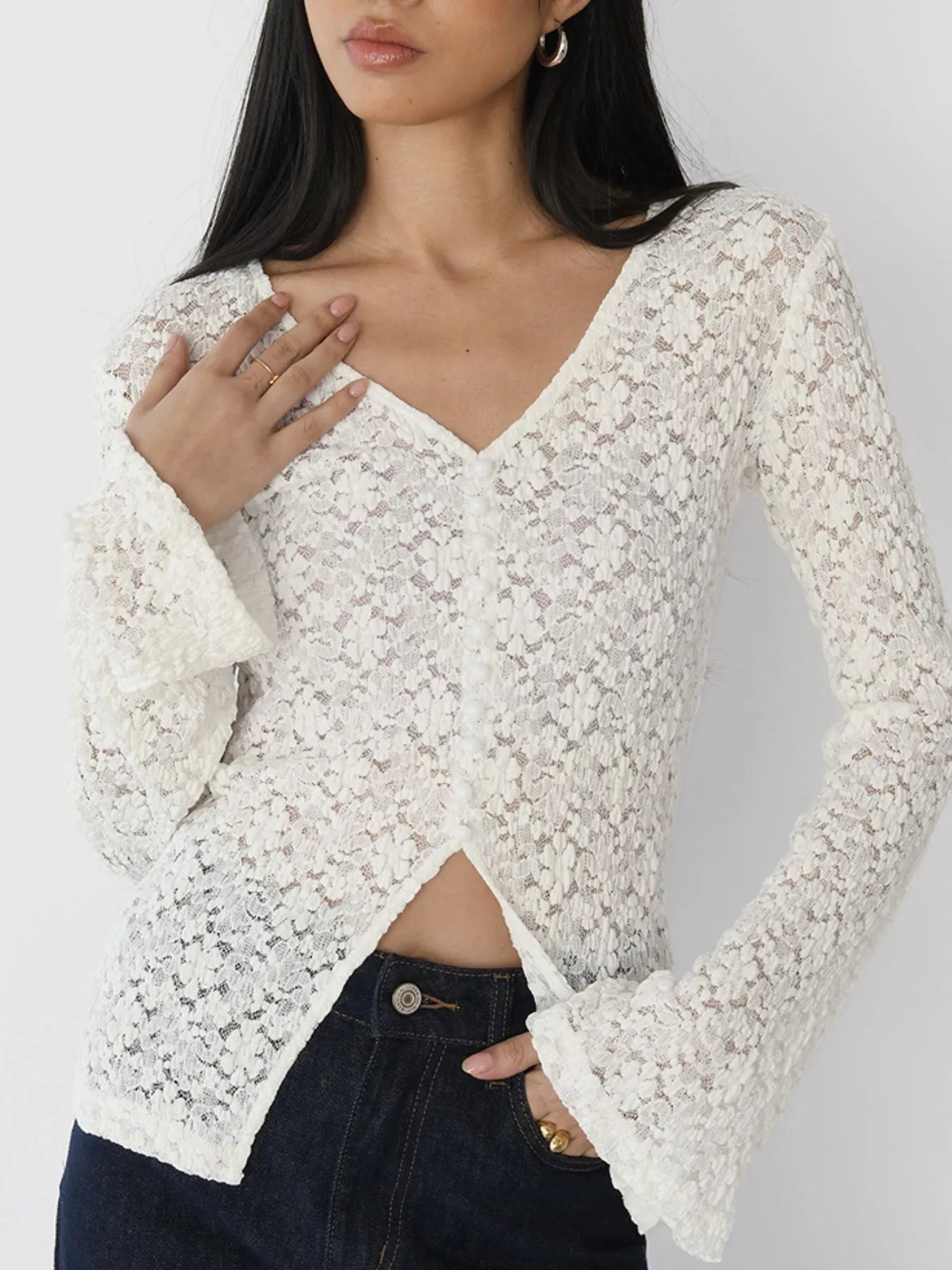 Trendsi Lace V-Neck Flare Sleeve T-Shirt