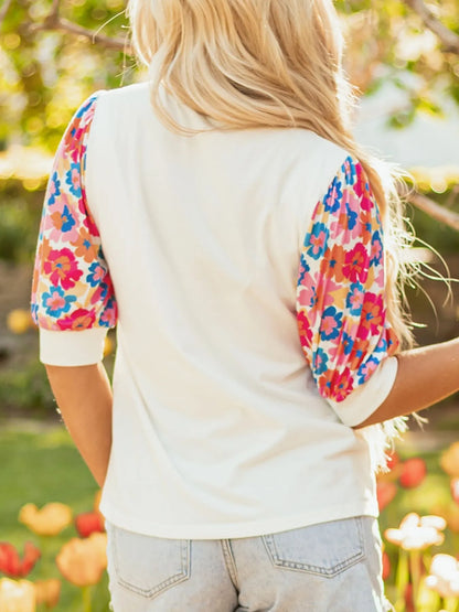 Trendsi Floral Puff Sleeve Round Neck T-Shirt