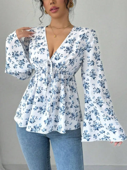 Trendsi Floral Print V-Neck Long Sleeve Blouse