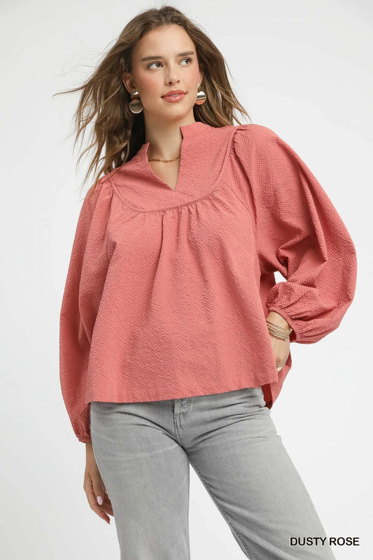 Trendsi Umgee Textured Notched Blouse with Balloon Sleeves DUSTY ROSE