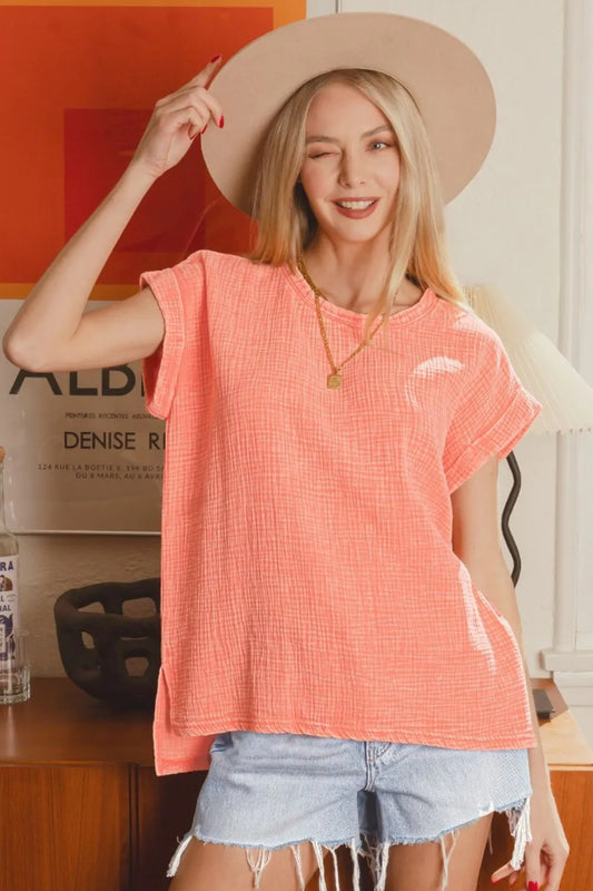 Trendsi Zenana Woven Double Gauze Acid Washed Short Sleeve Top