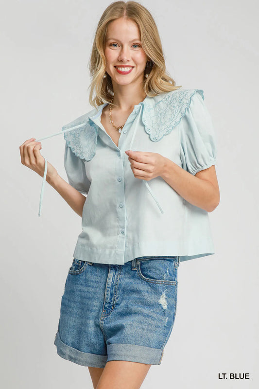 Trendsi Umgee Tied Collared Short Sleeve Button Down Shirt LT. BLUE