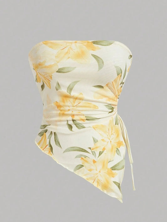Trendsi Drawstring Printed Tube Top Yellow Print