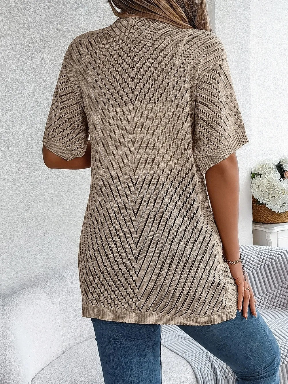Openwork Open Front Half Sleeve Cardigan Easy Apparels