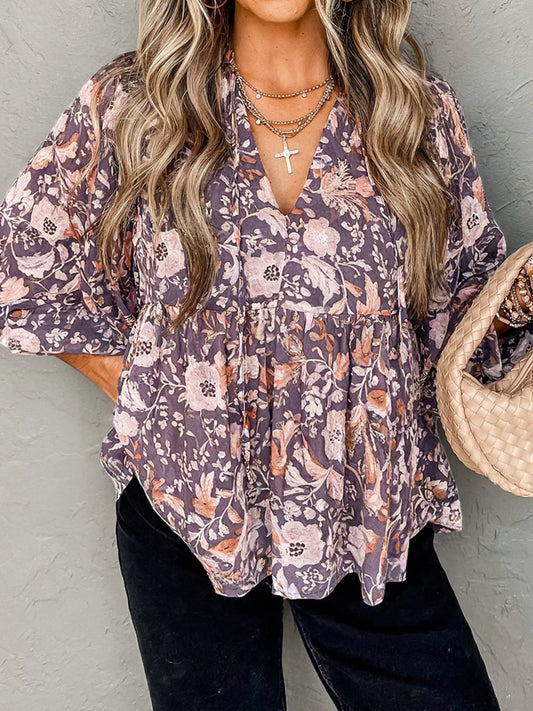 Trendsi Floral Print Tie Neck Blouse Floral