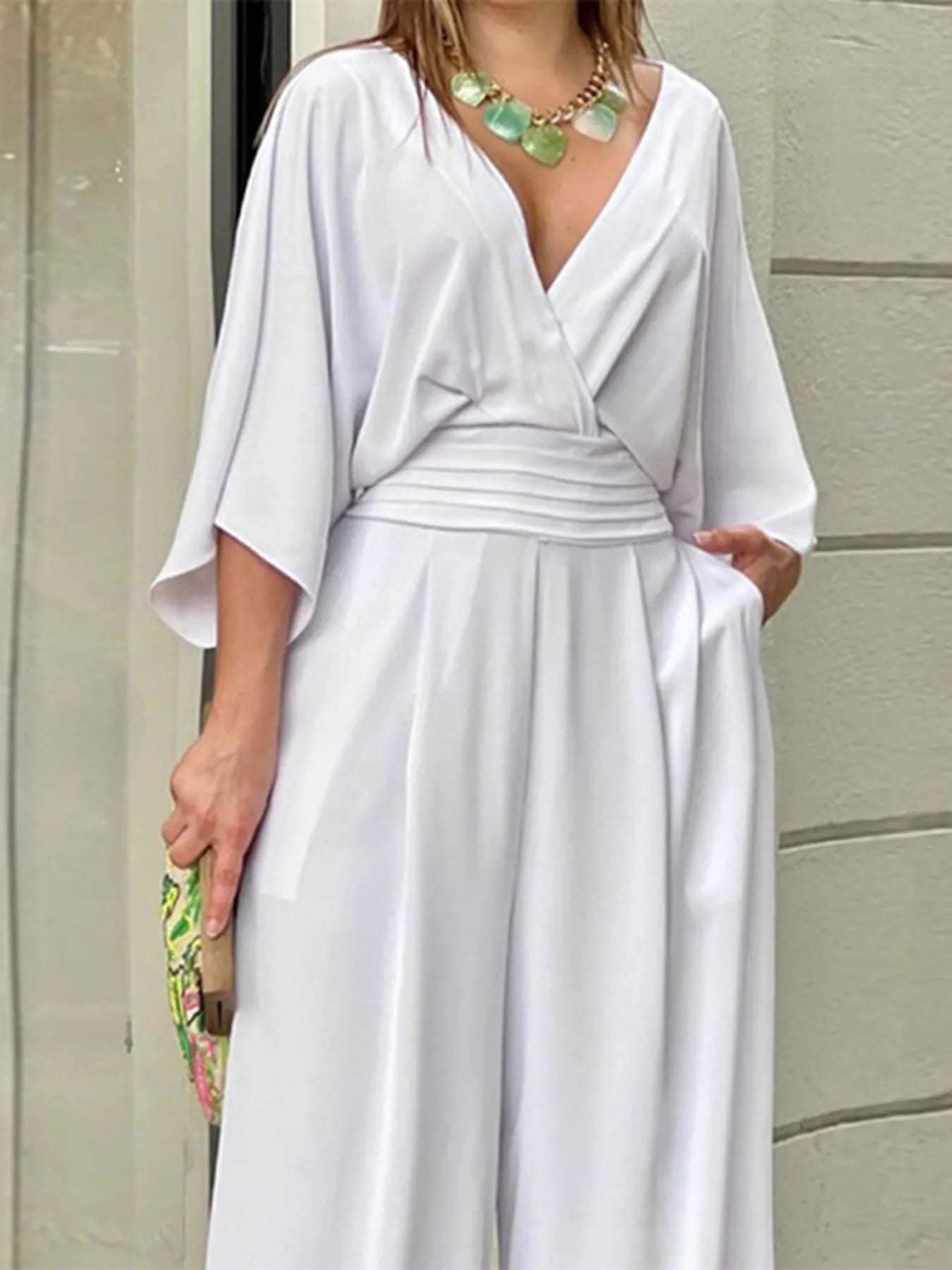 Full Size Wide-Leg Wrap Jumpsuit with Kimono Sleeves Plus Size Easy Apparels