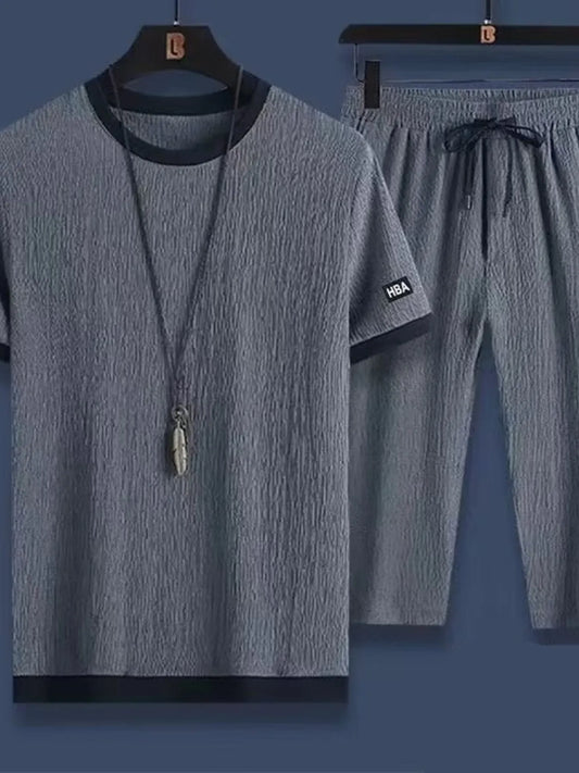 Men's Plus Size Round Neck Short Sleeve Top and Shorts Set Gray Easy Apparels
