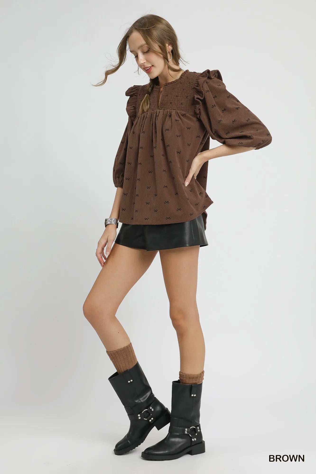 Trendsi Umgee Bow Print Corduroy Puff Sleeve Blouse with Ruffled
