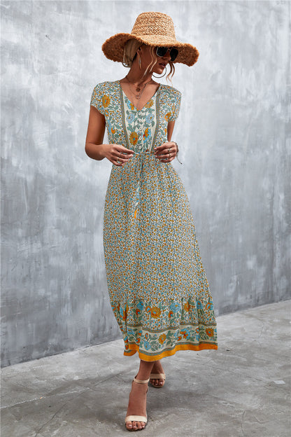 Trendsi V-Neck Short Sleeve Printed Maxi Dress Beige