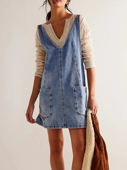 Oversized V-Neck Denim Tank Dress with Front Pockets Light Blue Easy Apparels