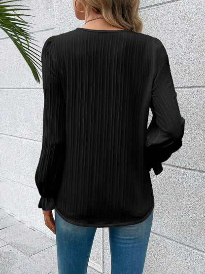 Trendsi V-Neck Lace Detail Flounce Sleeve Blouse