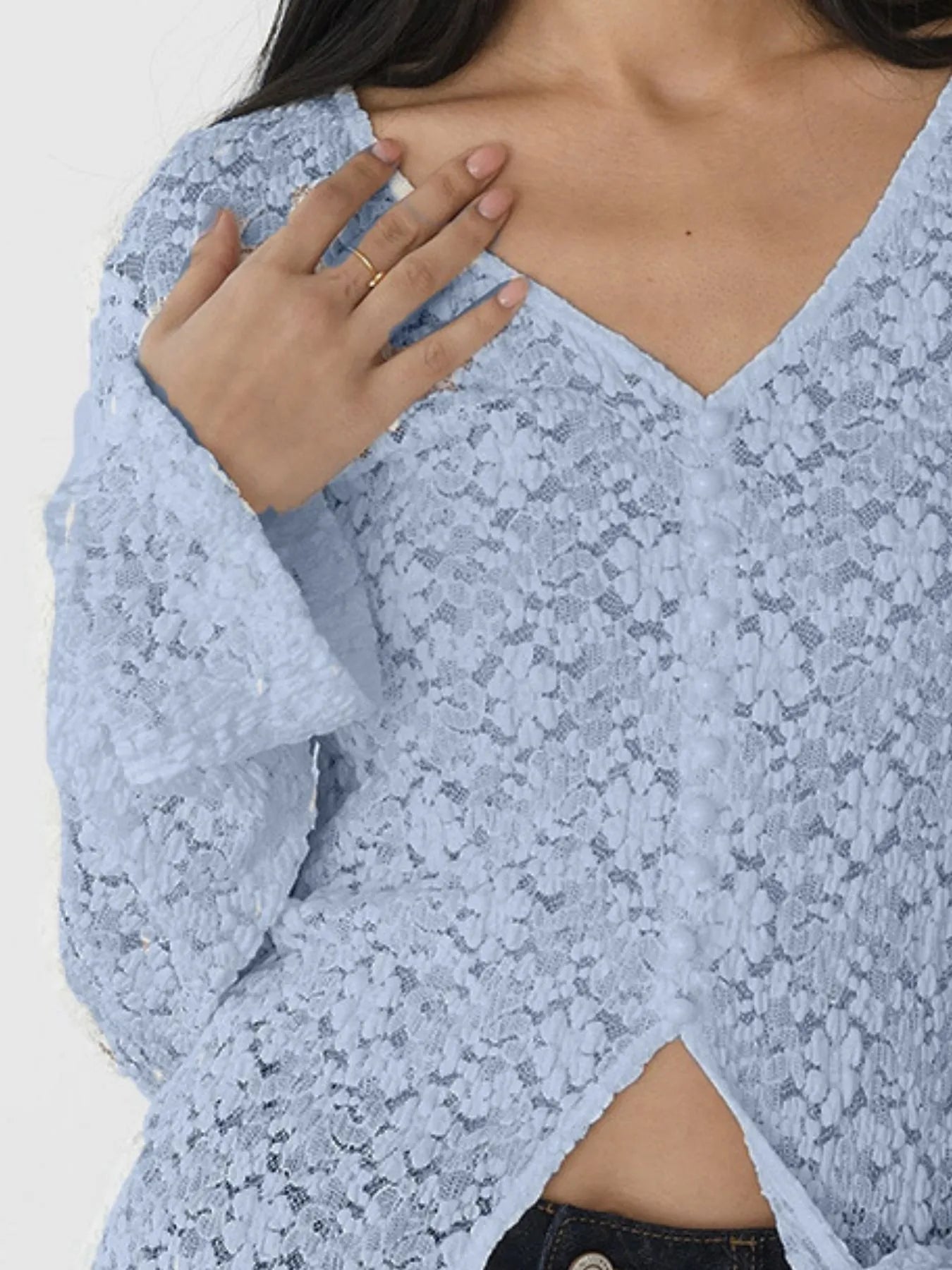 Trendsi Lace V-Neck Flare Sleeve T-Shirt