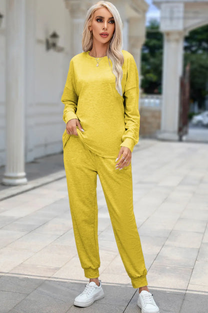 Round Neck Top and Drawstring Pants Lounge Set True Yellow Easy Apparels