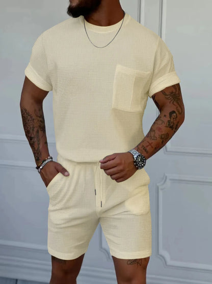 Men's Full Size Round Neck Short Sleeve Top and Shorts Set Plus Size Khaki Easy Apparels