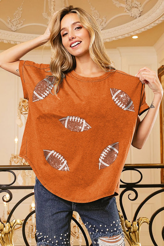 Trendsi BiBi Football Sequin Embroidery Vintage Washed Top VINTAGE ORANGE