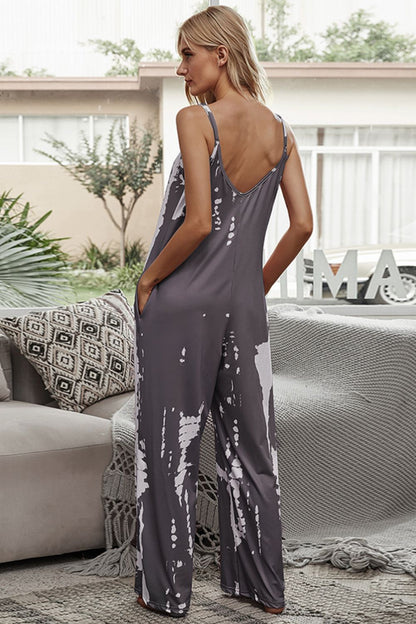 Shiny Tie-Dye Spaghetti Strap Jumpsuit with Pockets Easy Apparels