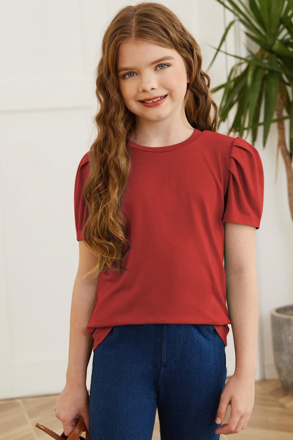 Round Neck Puff Sleeve T-Shirt Deep Red Easy Apparels
