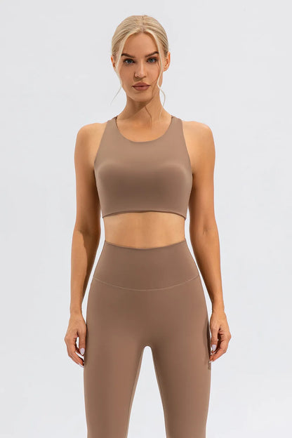 Round Neck Cutout Cropped Active Tank Camel Easy Apparels