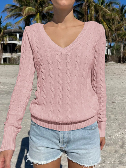 Trendsi Cable Knit V-Neck Sweater Pink