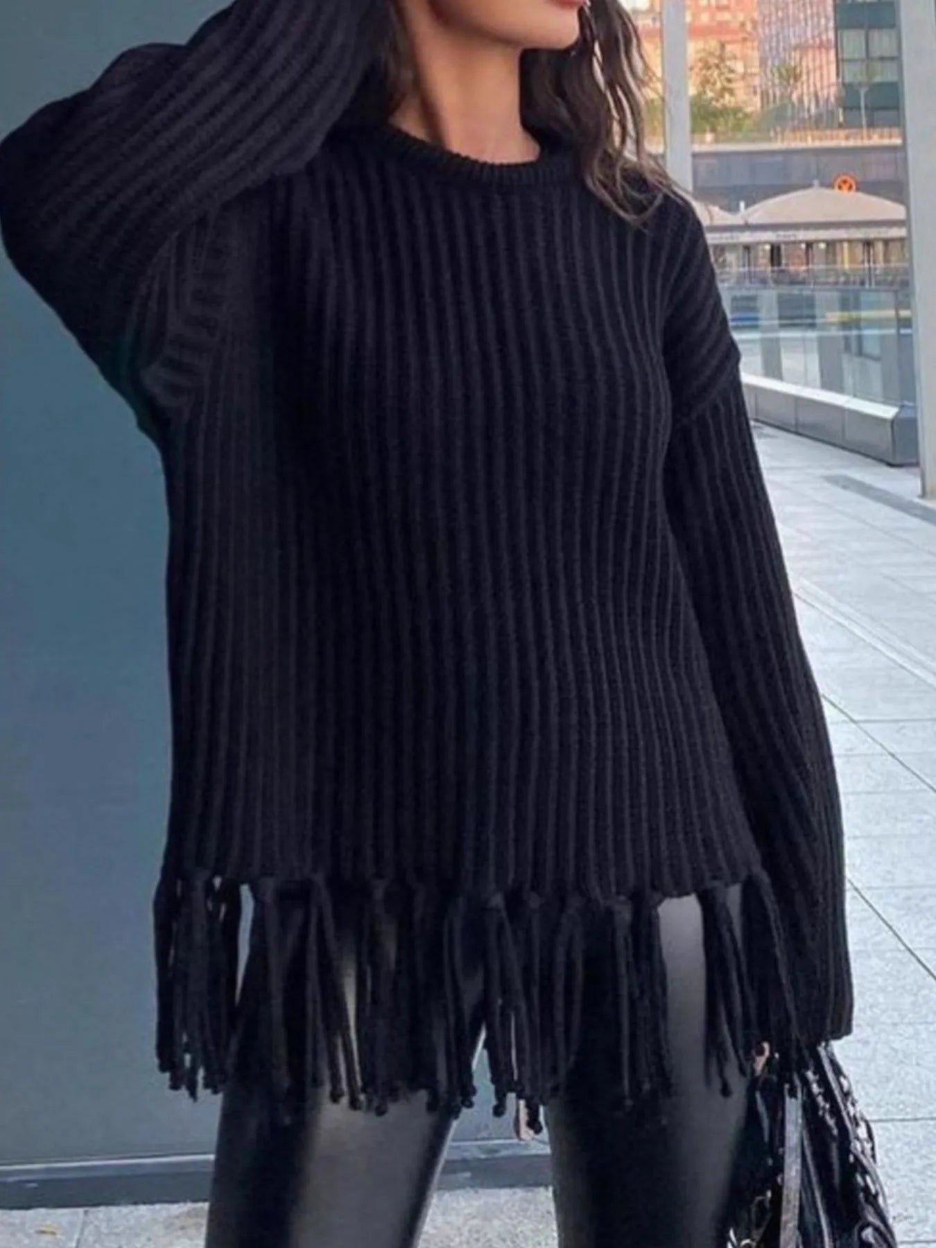 Trendsi Fringe Round Neck Long Sleeve Sweater