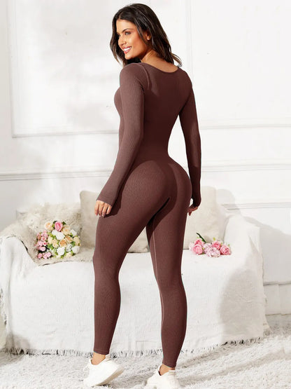 Scoop Neck Long Sleeve Active Jumpsuit Easy Apparels