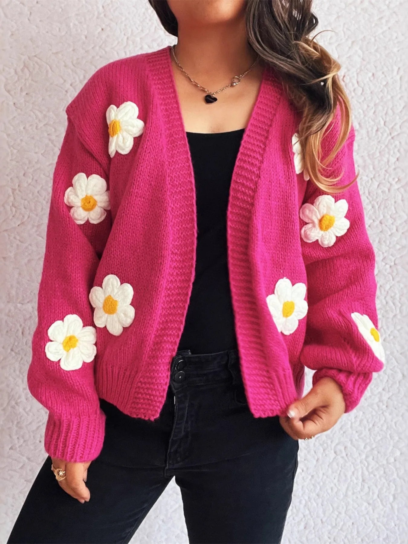 Flower Open Front Long Sleeve Cardigan Easy Apparels
