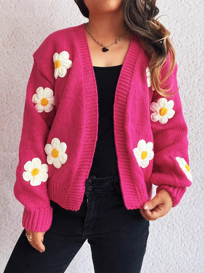 Flower Open Front Long Sleeve Cardigan Easy Apparels