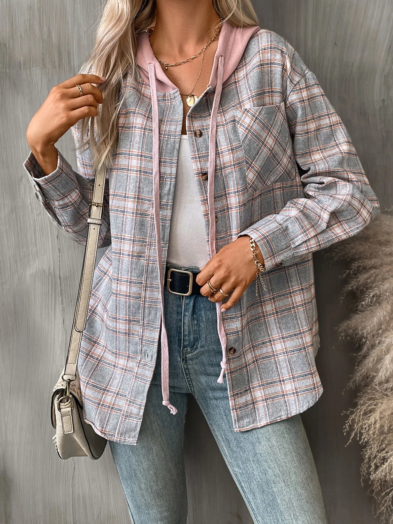 Trendsi Plaid Button-Up Hooded Shirt