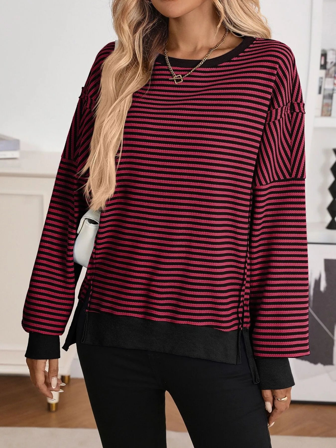 Trendsi Exposed Seam Striped Contrast Sweatshirt