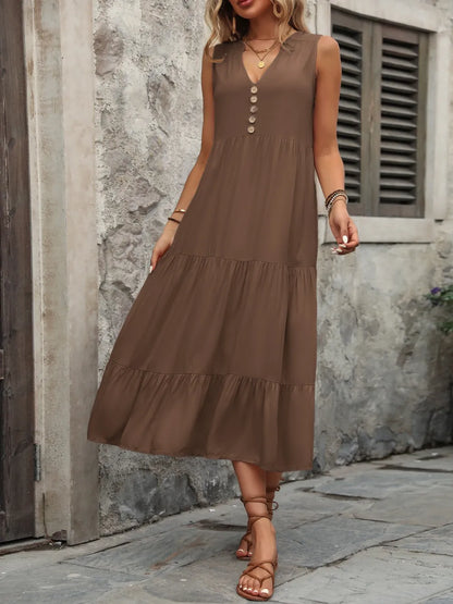 Ivy Lane Decorative Button Notched Sleeveless Dress Easy Apparels