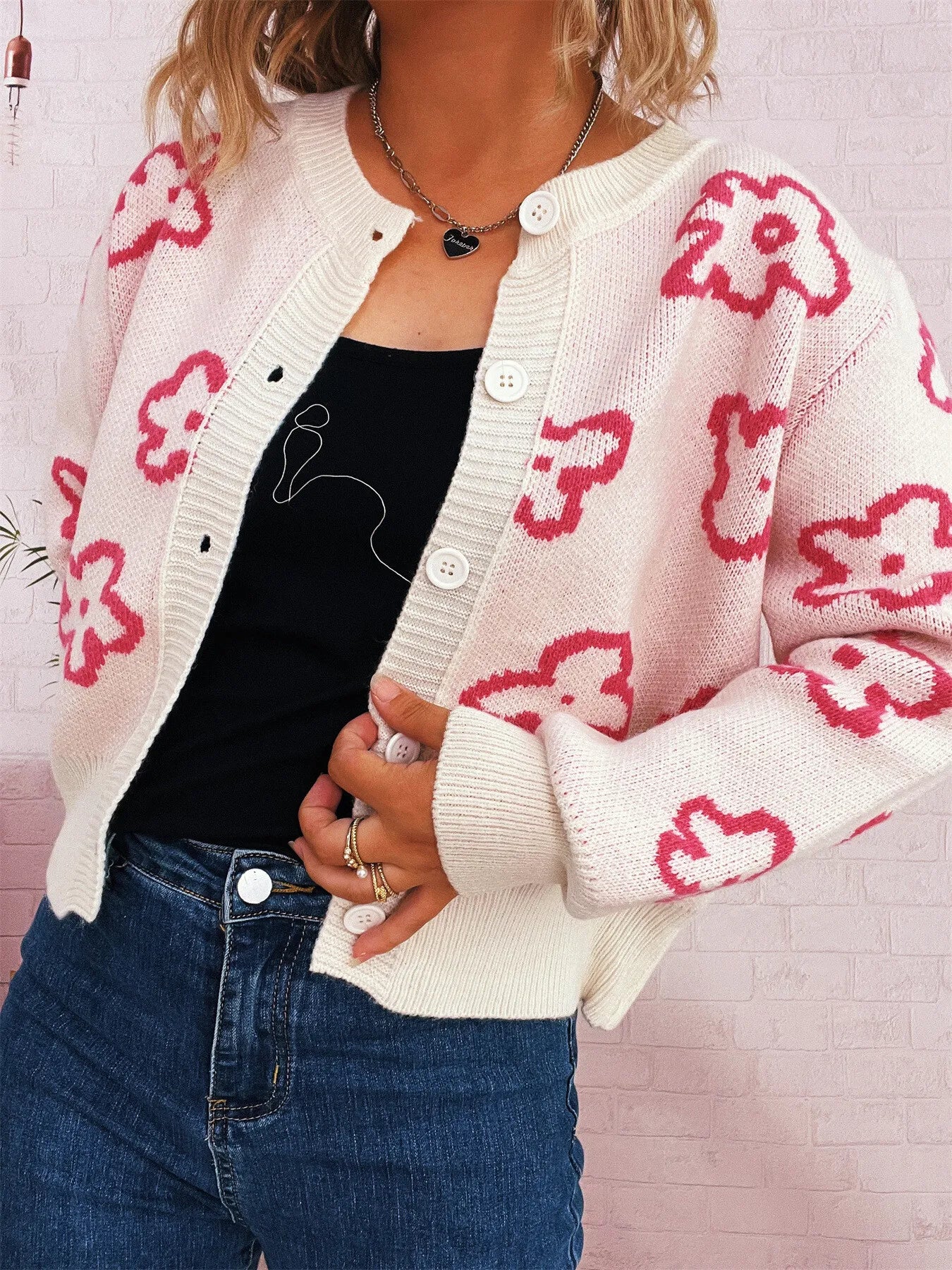 Floral Pattern Button-Up Cardigan Easy Apparels