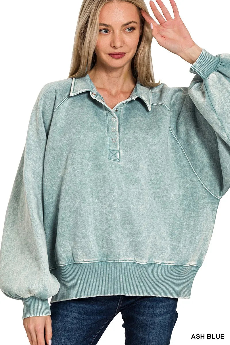 Trendsi Zenana Acid Wash Fleece Collared Sweatshirt ASH BLUE