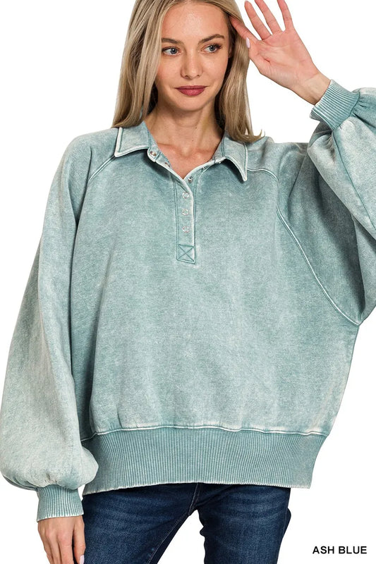 Trendsi Zenana Acid Wash Fleece Collared Sweatshirt ASH BLUE